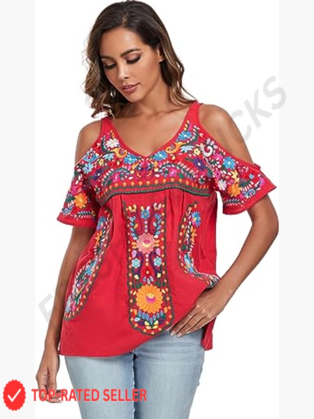 Mexican Embroidered Tunic Cold Shoulder V-Neck Boho Chic Summer Blouse - Picture 5 of 7